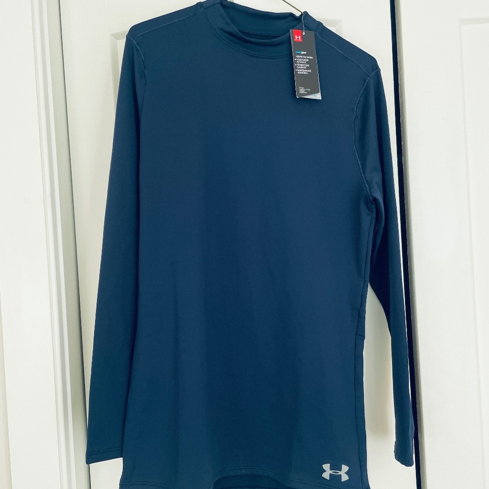 Men's Under Armour ColdGear mock neck long sleeve athletic shirt. Navy